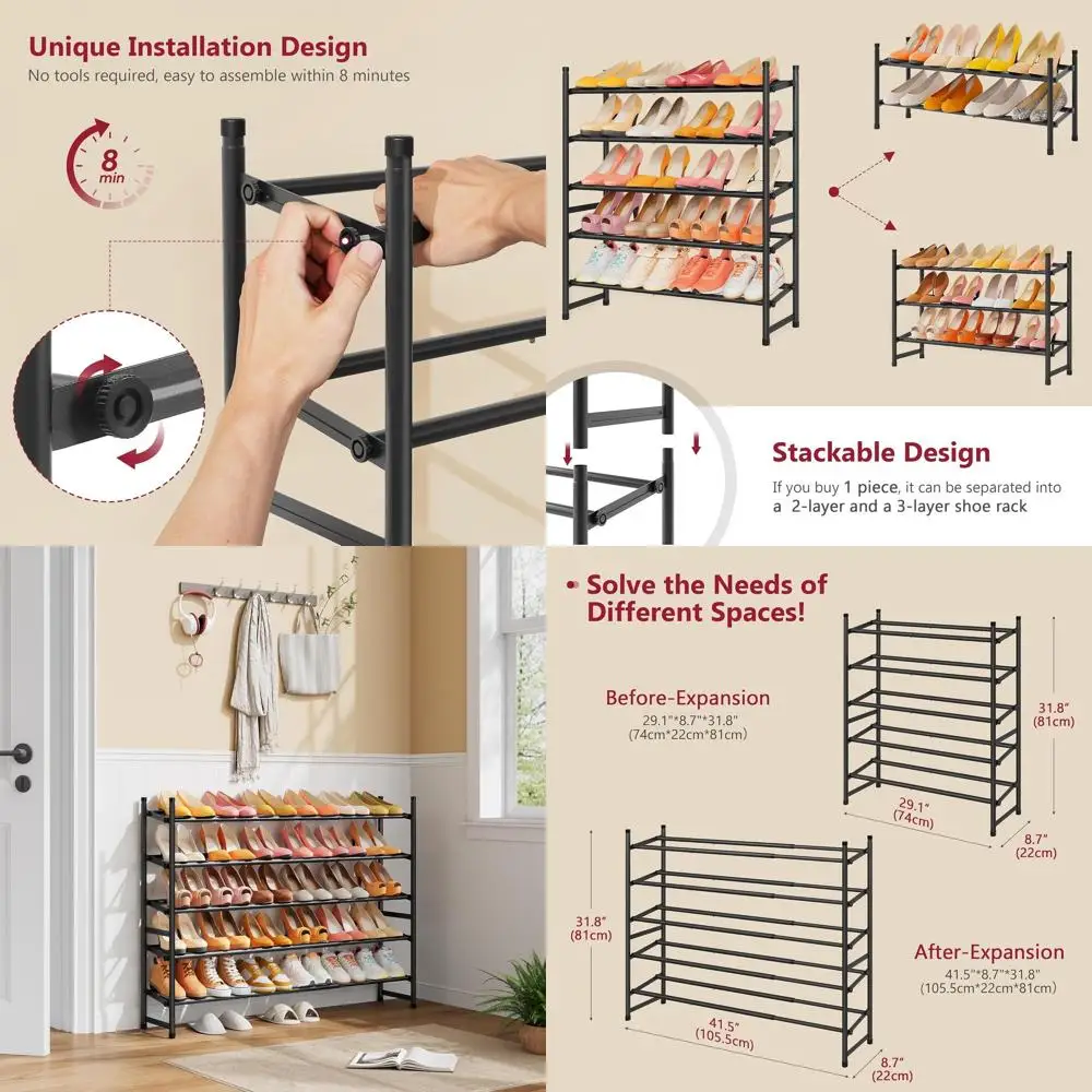 

5 Tier Adjustable Shoe Rack, 29-41 Extendable Storage Organizer, Metal Shoe Shelf for Closet, Entrance, Garage, Entryway - Black