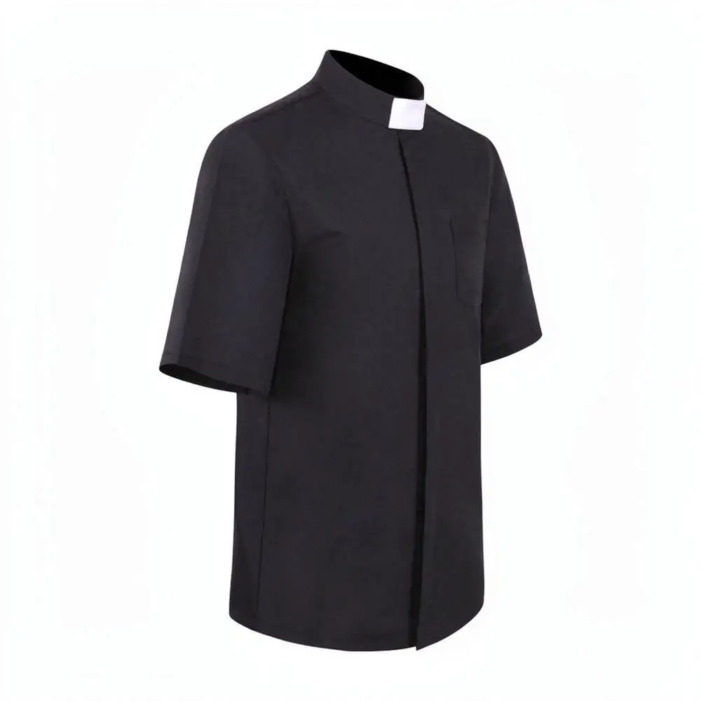Mens Halloween Missionary Costume Black Short Sleeve Shirt Clergy Priest Cosplay Outfit Role Play Theme Party Apparel