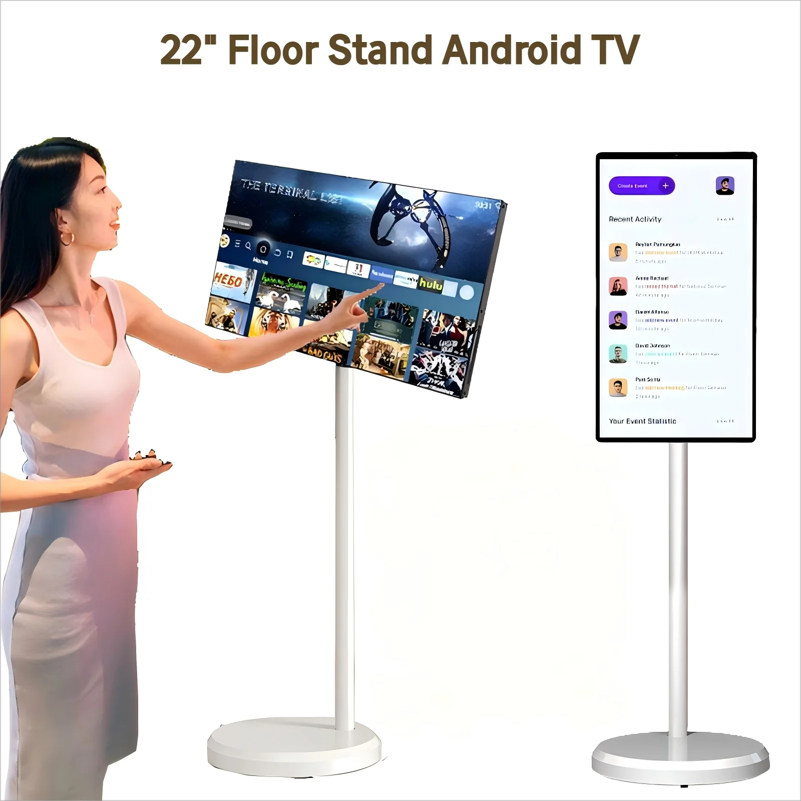 

JEESTON 21.5 Inch Android 13 Touch Tablet with Wheeled Stand, DC & Battery Powered Multi Media Screen, Yoga Fitness Smart TV