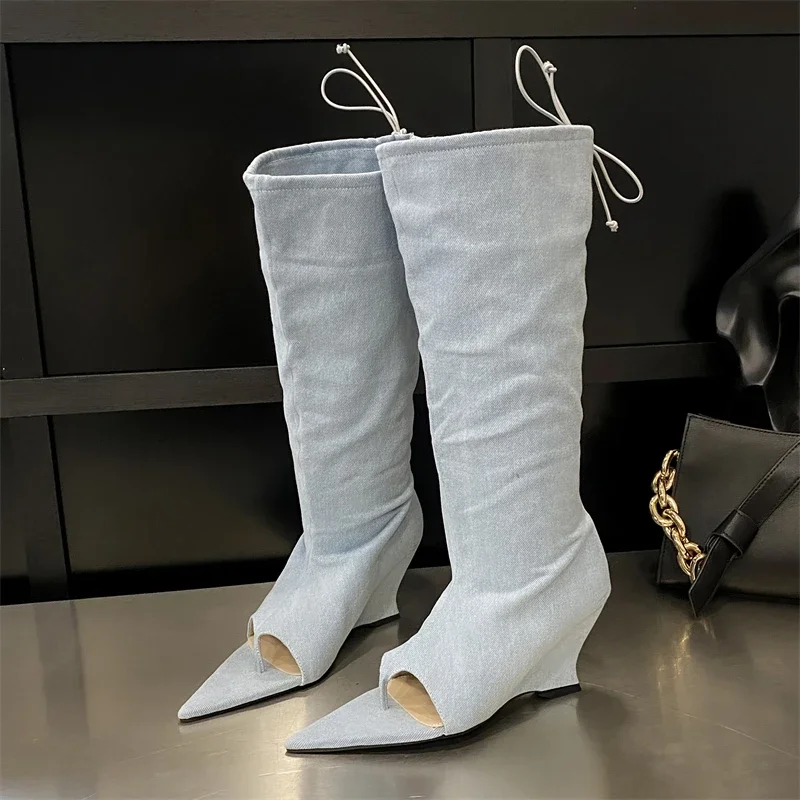 Eilyken Street Style Pointed Open Toe Clip-On Women Knee High Boots Pleated Wedges Heels Party Booties Largas De Mujer