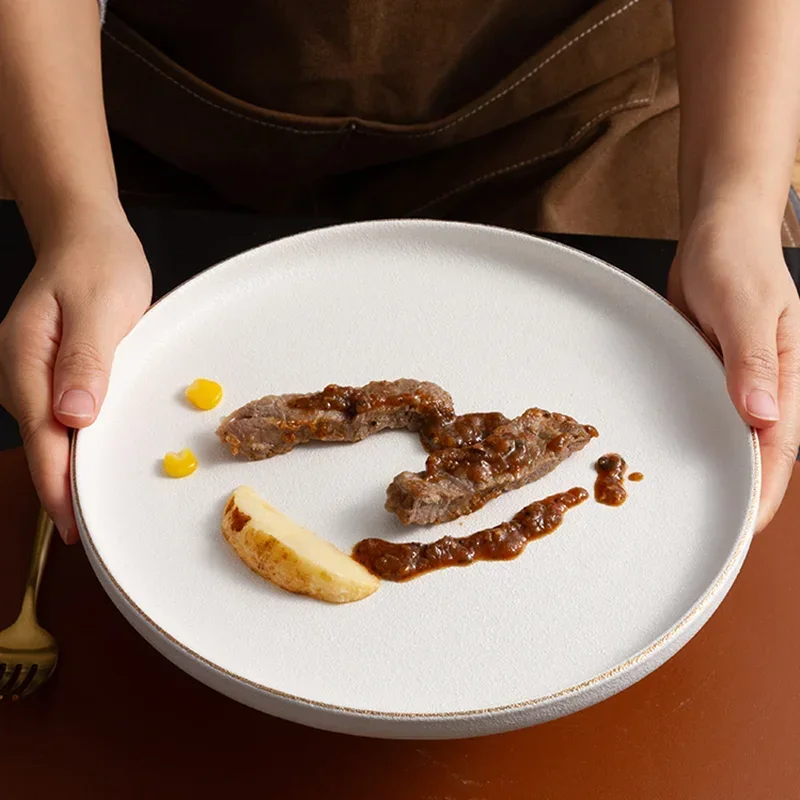 European style ceramic plate White Matte gold plates dinnerware set Steak plate Home Western dishes Dessert plates Round dish
