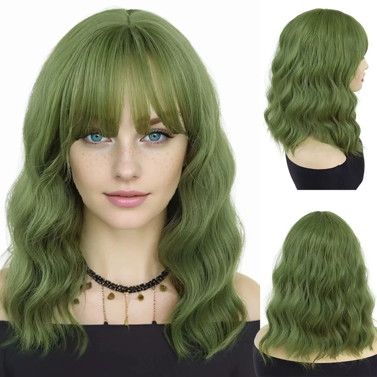 

Premium Synthetic Long Green Wavy Wigs for Women with Bangs Medium Length Curly Wigs Drag Queen Hairstyle Wig Cosplay Costume