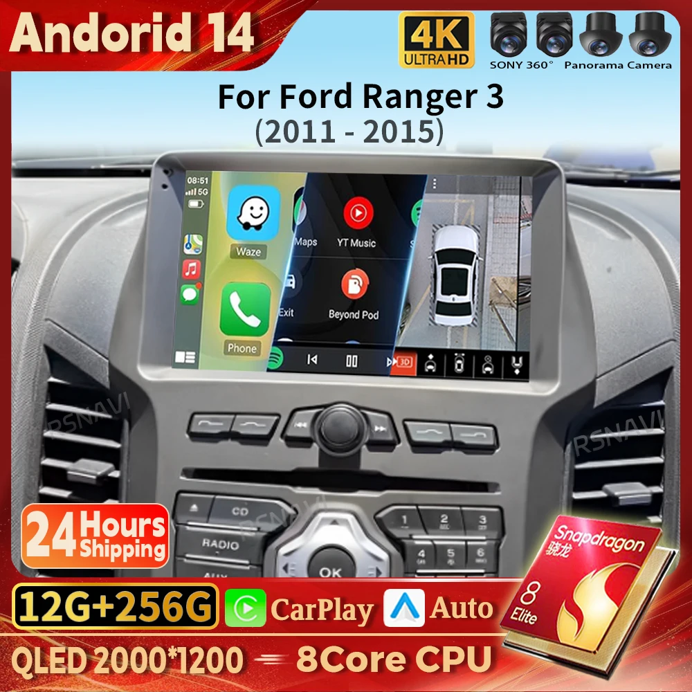 

Android 14 Carplay Auto 2K Screen Car Radio Multimedia Player For Ford Ranger F250 2011-2015 WIFI+4G Autoradio Stereo Qualcomm