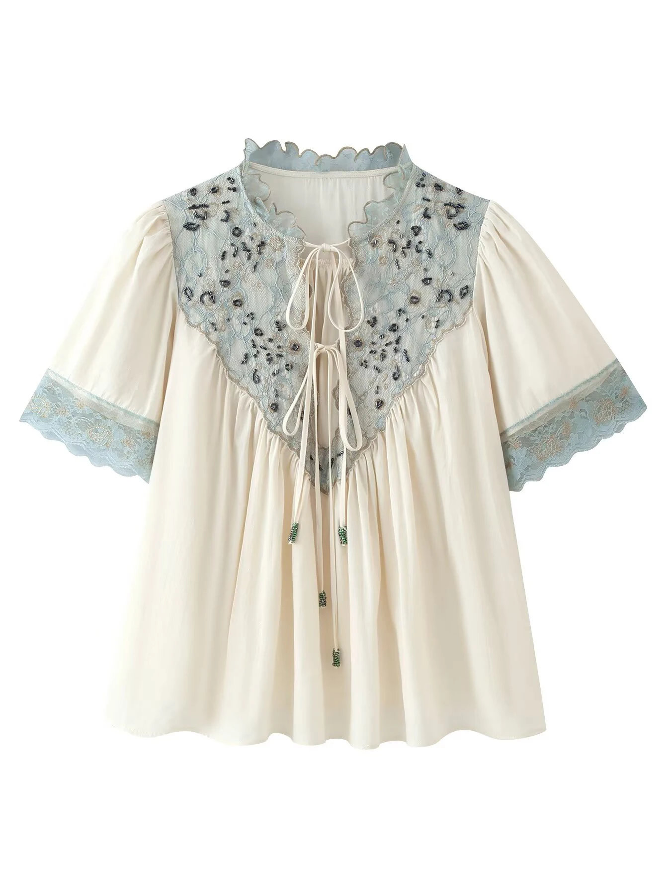 Europäischer und amerikanischer Stil 2026 Herbst Neue Damen-Freizeitbluse mit Farbblock-Design, Spitzen-Patchwork und V-Ausschnitt, Kurzarm – Detail 2