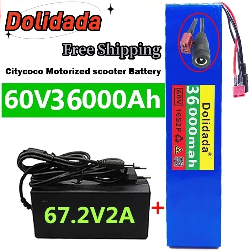 

Rechargeable Battery Pack 60V 16S2P 18650 Li-ion 67.2V 36000mAh Ebike Electric Bicycle Scooter with BMS 1000Watt Tplug + Charger