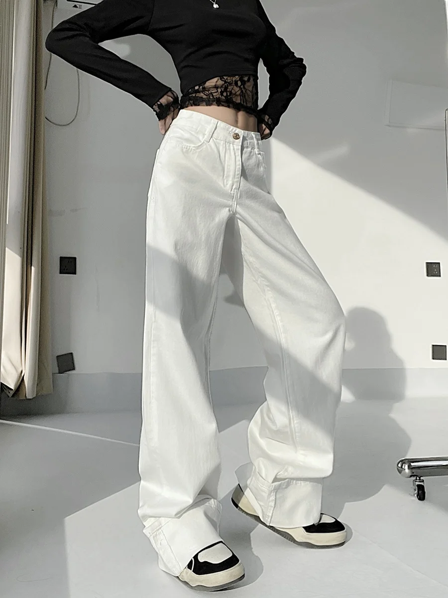 Stylish Loose Fit Wide Leg Jeans High Waist Long Straight Cut Denim Pants Cuffed Hem Trendy Slimming Floor Length Trousers