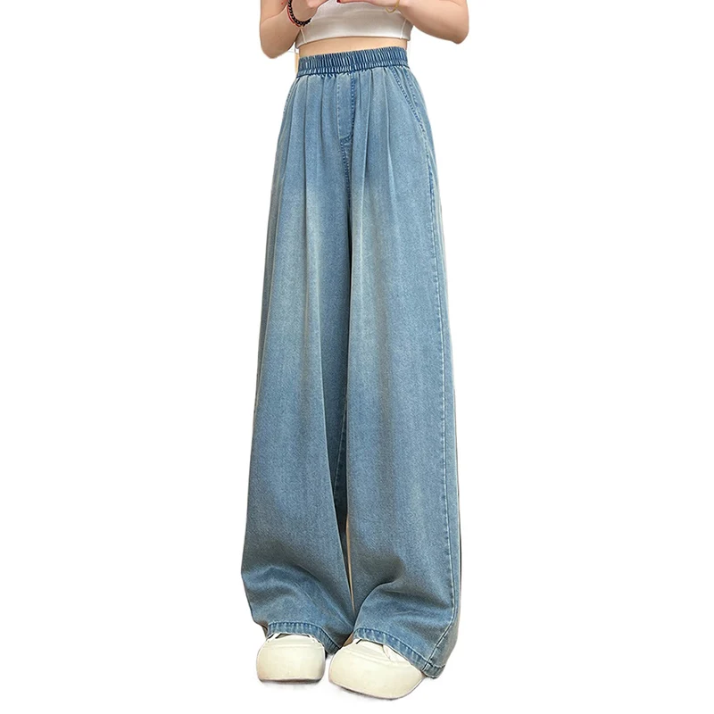 Women's High Waisted Wide Leg Jeans Summer Elastic Waist Loose Soft Denim Pants Woman Vintage Blue Straight Leg Long Trousers