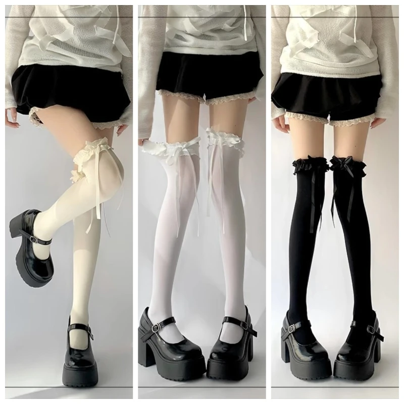 1/3 Paar lange Spitzen-Kniestrümpfe für Damen mit süßer Schleife, dünnes Design, einfache, bequeme Damensocken