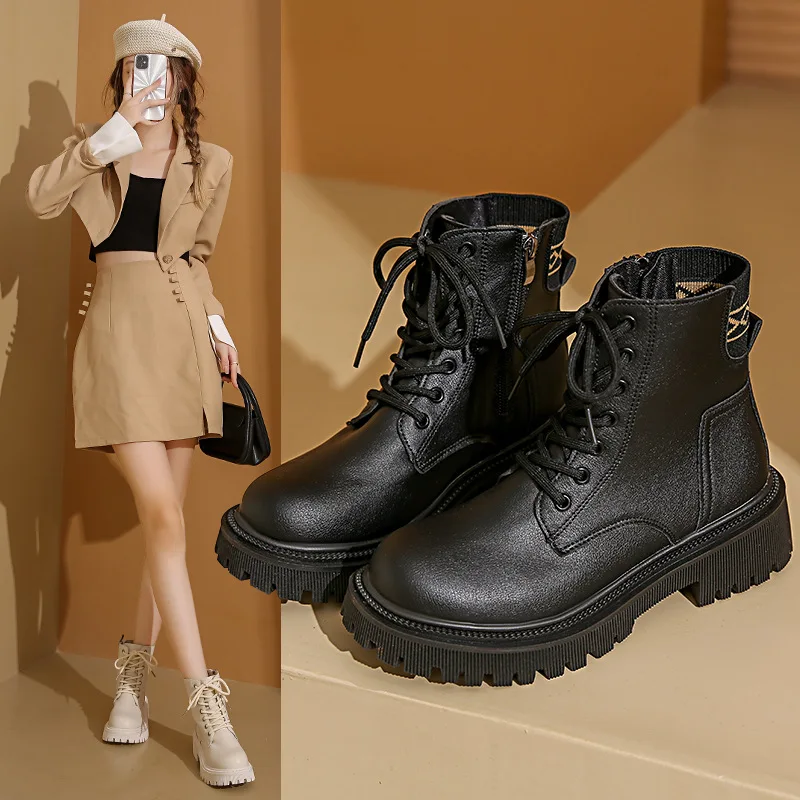 2024 Hot Sale Shoes Female Lace Up Women's Boots Autumn Round Toe Solid Short Barrel Platform Fashion Korean Style Naked Boots