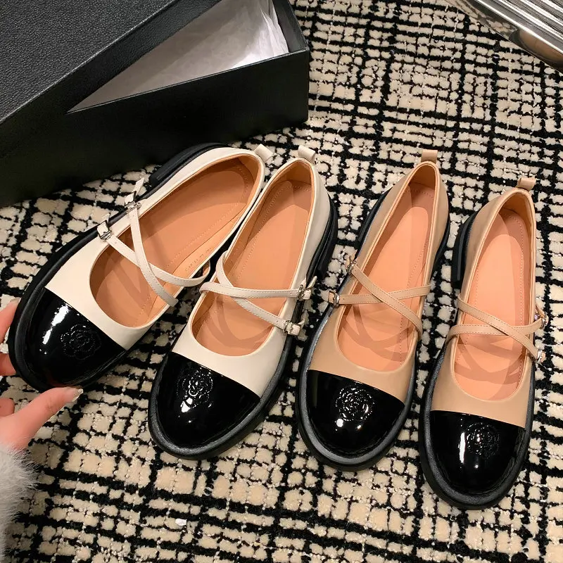 

2023 Spring New Genuine Cow Leather Luxury Brand Round Closed Toe Sweet Lolita Girls Mary Janes Ballet Flats Cross-strap Shoes