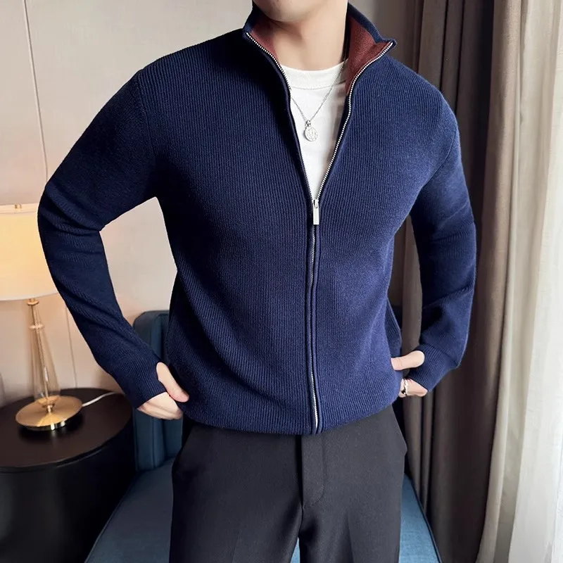 High Quality Knit Cardigan Men Autumn Winter Stand Collar Casual Knitted Sweatercoat Mens Solid Color Warm Sweater Jacket Man