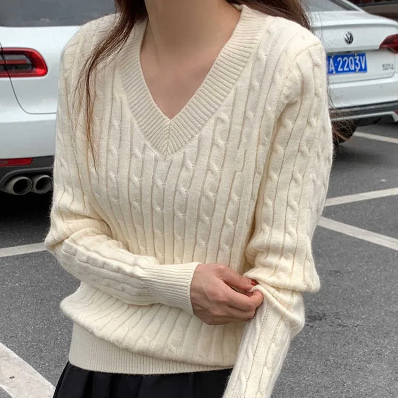 

Knitted Sweater Women Pullovers New Long Sleeve V-Neck Black Knit Sweater Pullover Women Tops Knitwears Sueters De Mujer Q1490