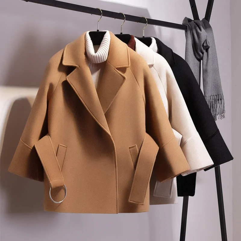 

Khaki Blends Coats Autumn Winter Warm Casual Outwear Office Lady Solid Colors Big Sashes Pockets Lapel Jackets Overcoats Cloaks