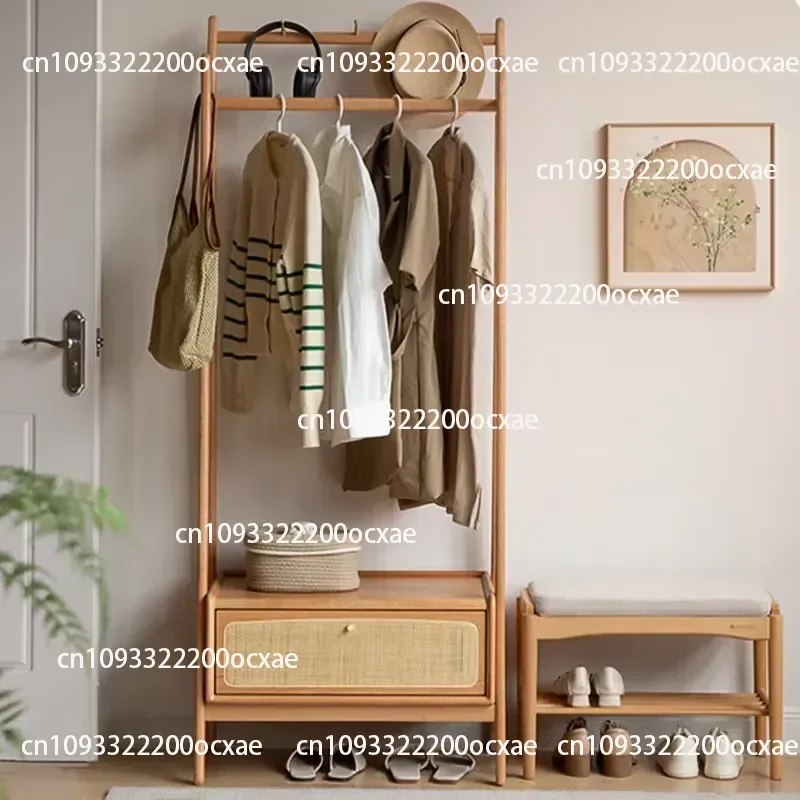 Modern Design Solid Wood Bedroom Coat Rack with Rattan Storage, Multi-functional Home Furniture for Bedroom and Hotel Use