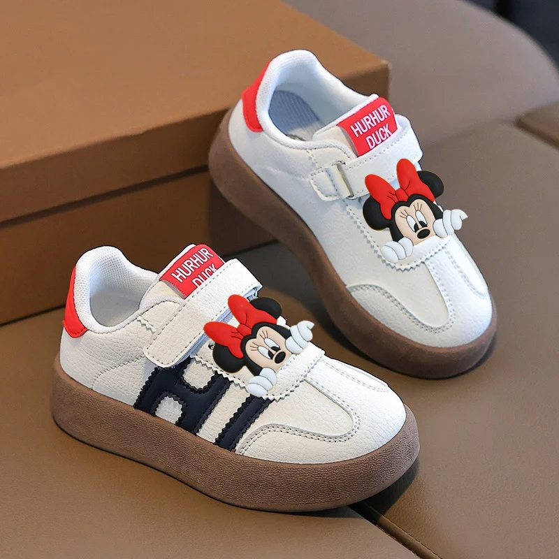 

Детская повседневная обувь Disney для девочек, весенне-осенняя новая кожаная детская обувь для досок, кроссовки для мальчиков, тренировочная обувь с Микки Маусом и Минни