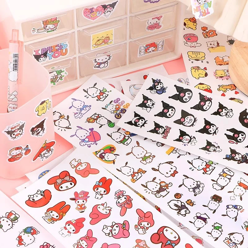 Sanrio 4Sheets 100pcs Cartoon Sticker Pochacco Kuromi Melody Kitty Kawaii Stickers Student Stationery Supplies Birthday Gifts