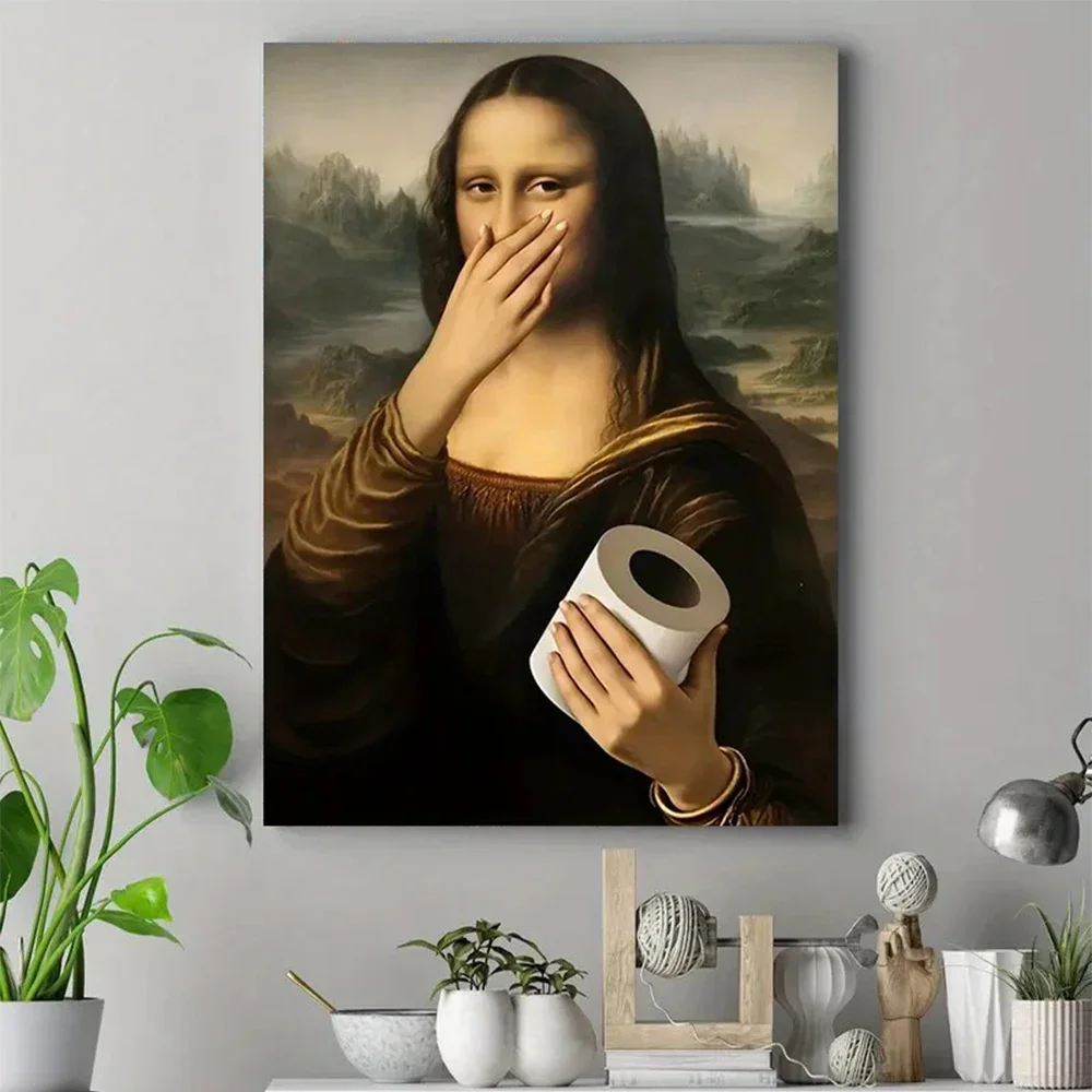 Impression humoristique d'affiche sur toile de salle de bain, Art mural sur toile de papier toilette à main rétro classique Mona Lisa, pour décor de salon