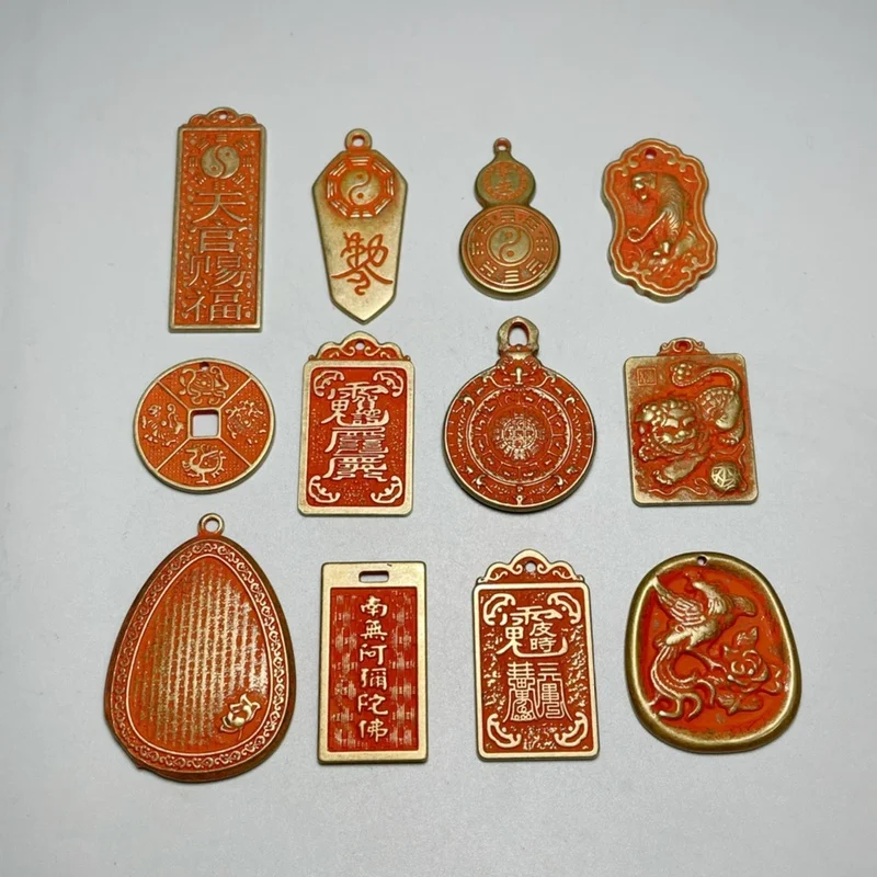 Vintage Brass Cinnabar Amulet Pendant for Zodiac Year of the Rat, Rabbit, Dragon, Horse, Rooster - Pure Copper Hanging Ornament