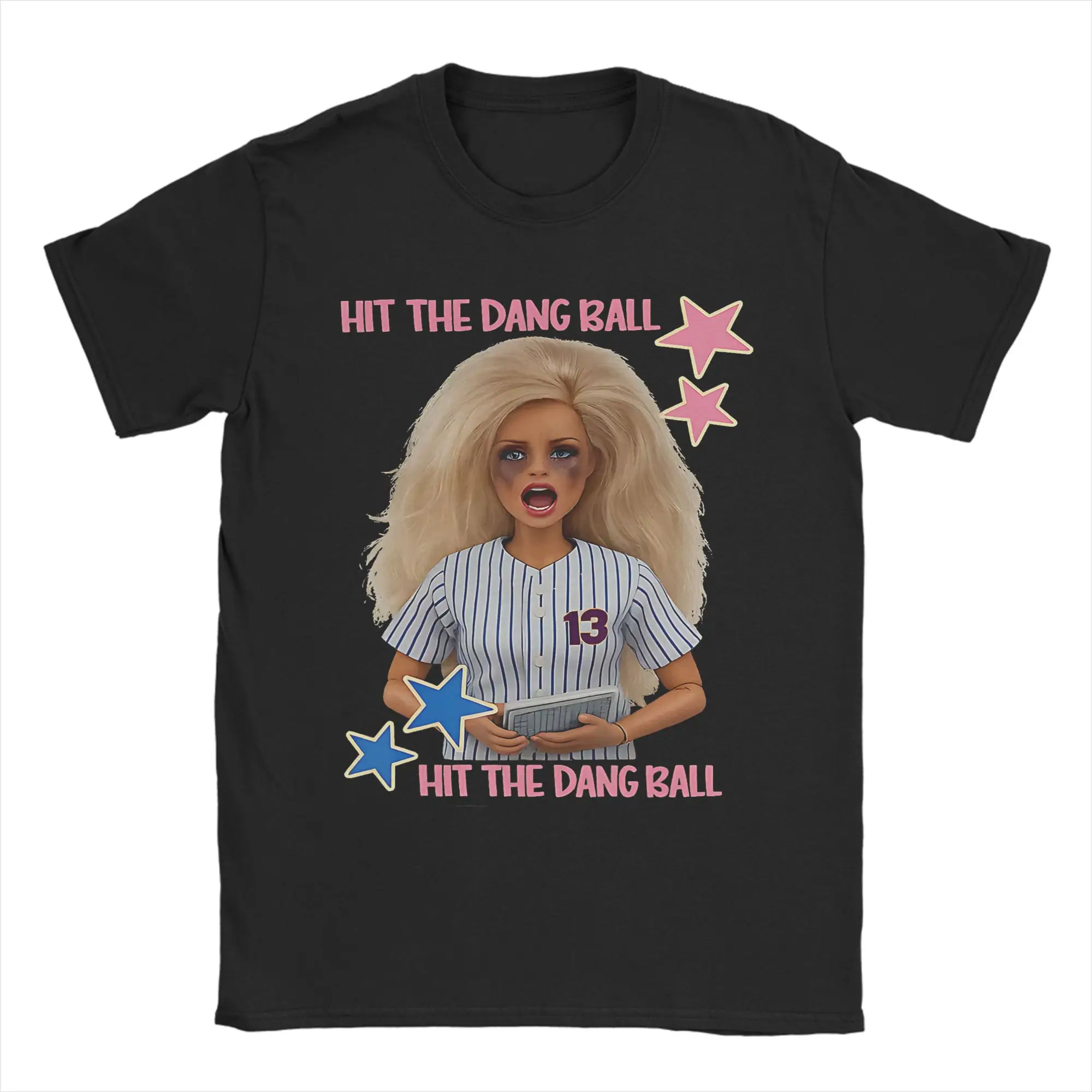 Hit The Dang Ball Funny Baseball Mom Doll Face Meme  T-Shirts Short-Sleeve Summer 100% Cotton O Neck Oversize Clothing