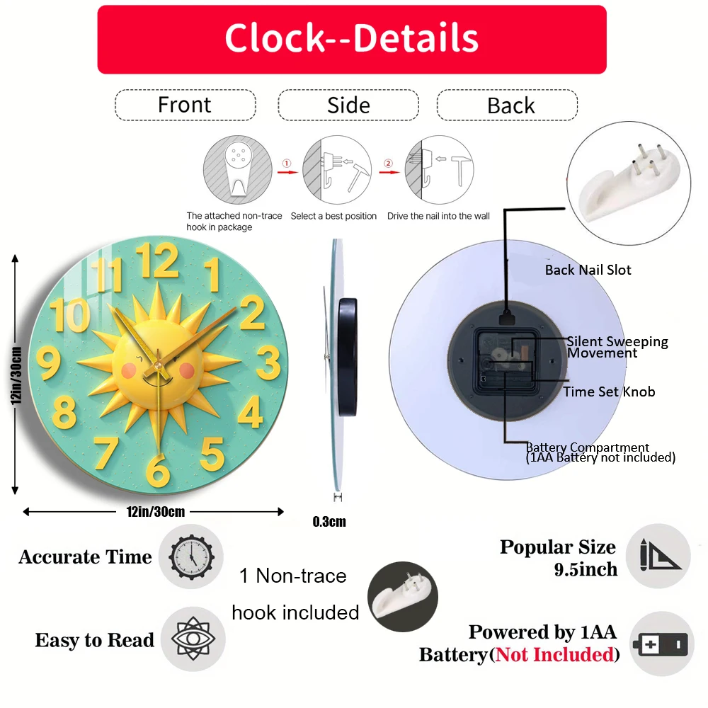 Tempered Glass Wall Clock Sun Clock Face Numbers Smile Yellow Suitable For Wall Decor or Tabletop Display Anywhere