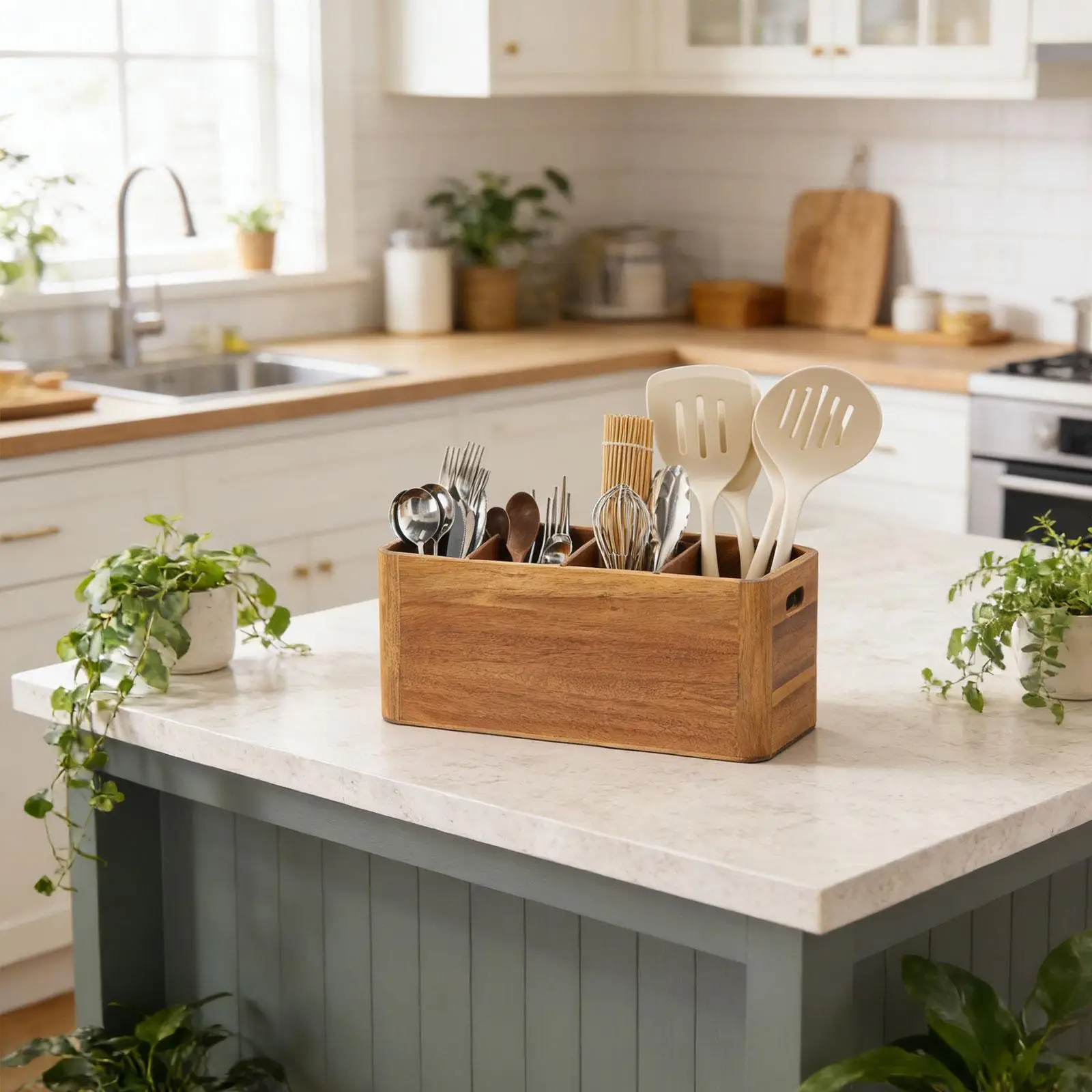 

Wooden Cutlery Organizer Multi Section Utensil Holder Storage Box for Kitchen Countertop Farmhouse Tools