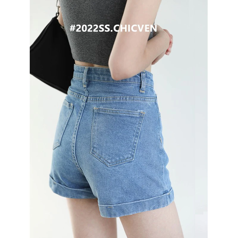 CHIC VEN Women's Denim Shorts Basic Vintage High Waist Cuffed A-line Short Pants for Women Solid Lady Woman 2022 Summer