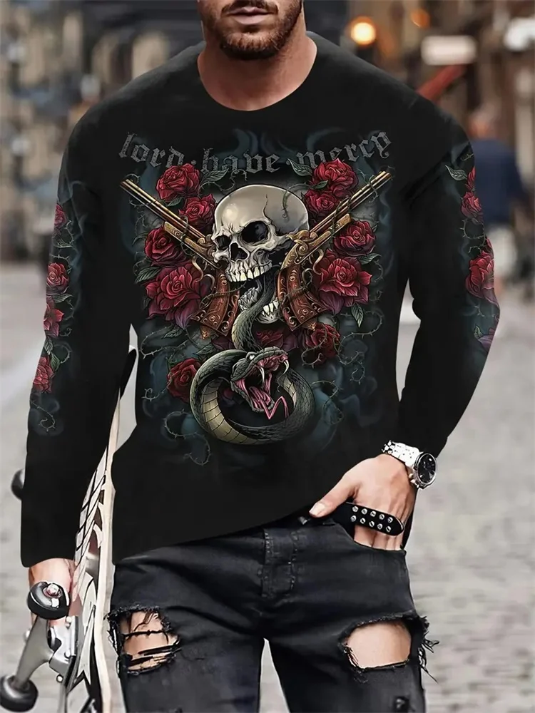 Fall 2024 New Vintage Warrior Print Round Neck Long Sleeve Men's T-shirt Outdoor Street Fashion Long Sleeve Daily Casual