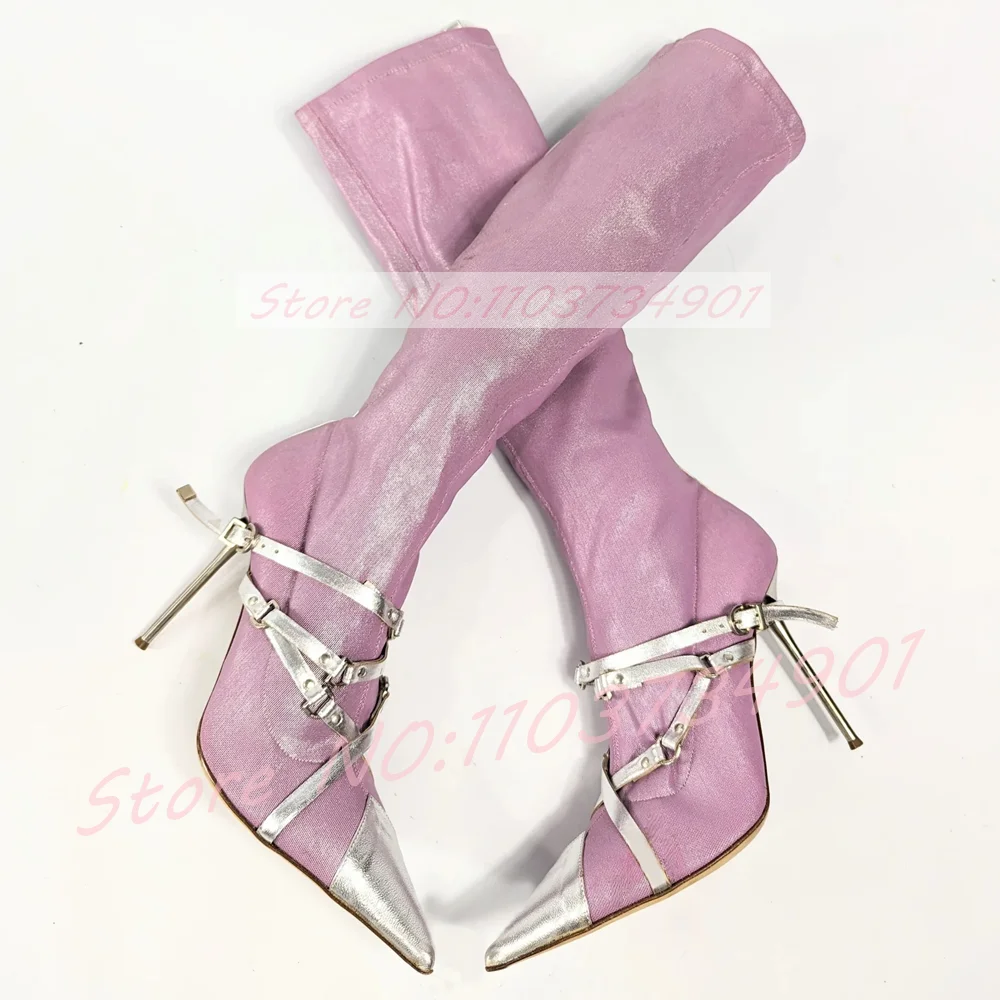 

Metallic Cloth Pink Sock Style Boots Women Buckle Snake Strap Pointed Toe Silver High Heels Female Sexy Party Knee High Boots