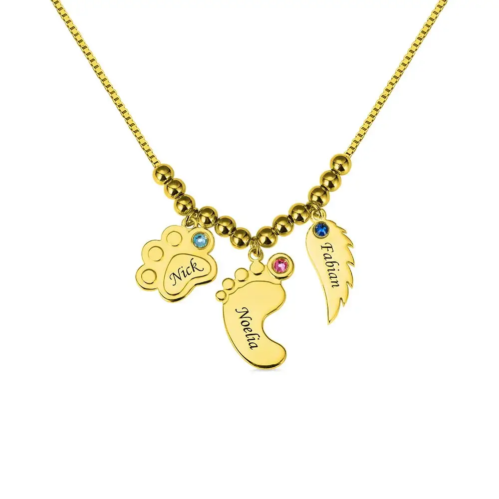 Imagem -02 - Colar de Prata Esterlina 925 Personalizado com Birthstone e Nome para Mulheres Pata Impressão Pés do Bebê Asa do Anjo Presente da Jóia