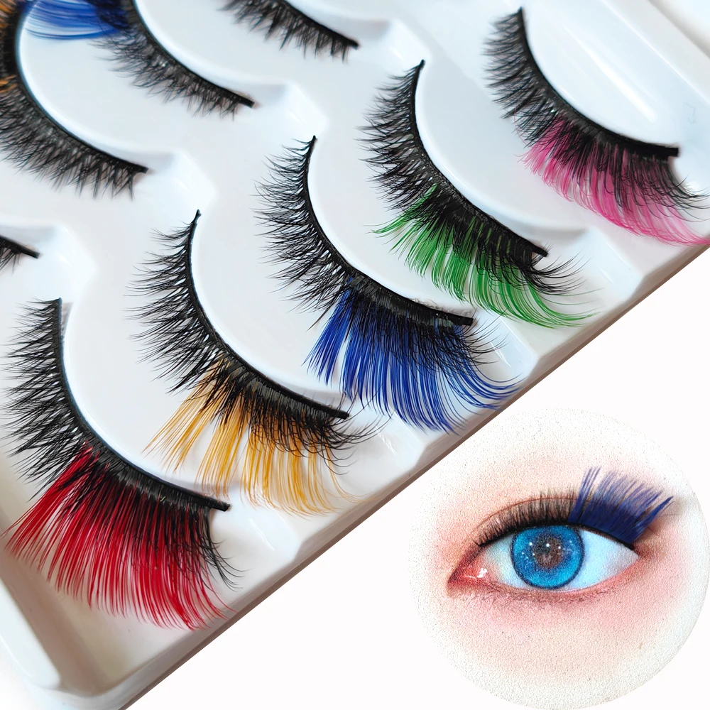 5 Paar Make-up, dramatisch aussehende falsche Wimpern, Katzenauge, bunte Wimpernverlängerung, Rot, Blau, Rosa, Grün, Wispy-Wimpernwerkzeuge