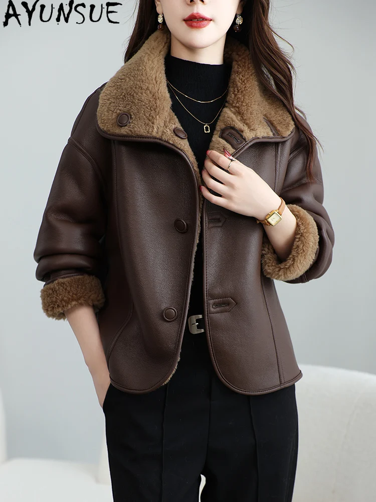 AYUNSUE 100% manteau de laine femmes 2025 vêtements d'hiver femme fourrure intégrée Пajiто Жletiе nouveau dans les manteaux moto et veste de motard