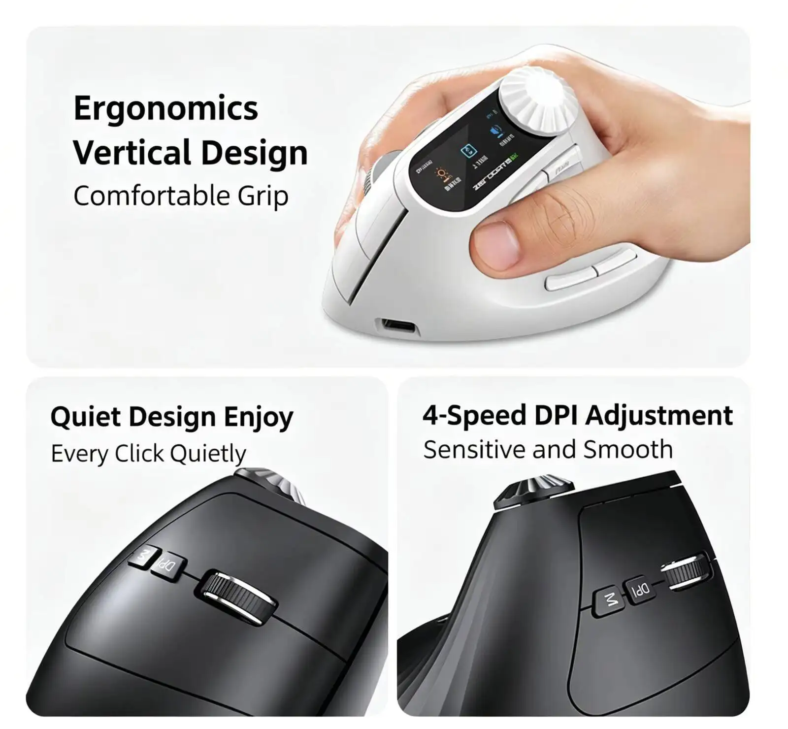 2.4G+Bluetooth Dual-Mode Multi-Function Knob Silent Rechargeable Mouse Wireless Vertical Ergonomic Mice with Display  for Laptop