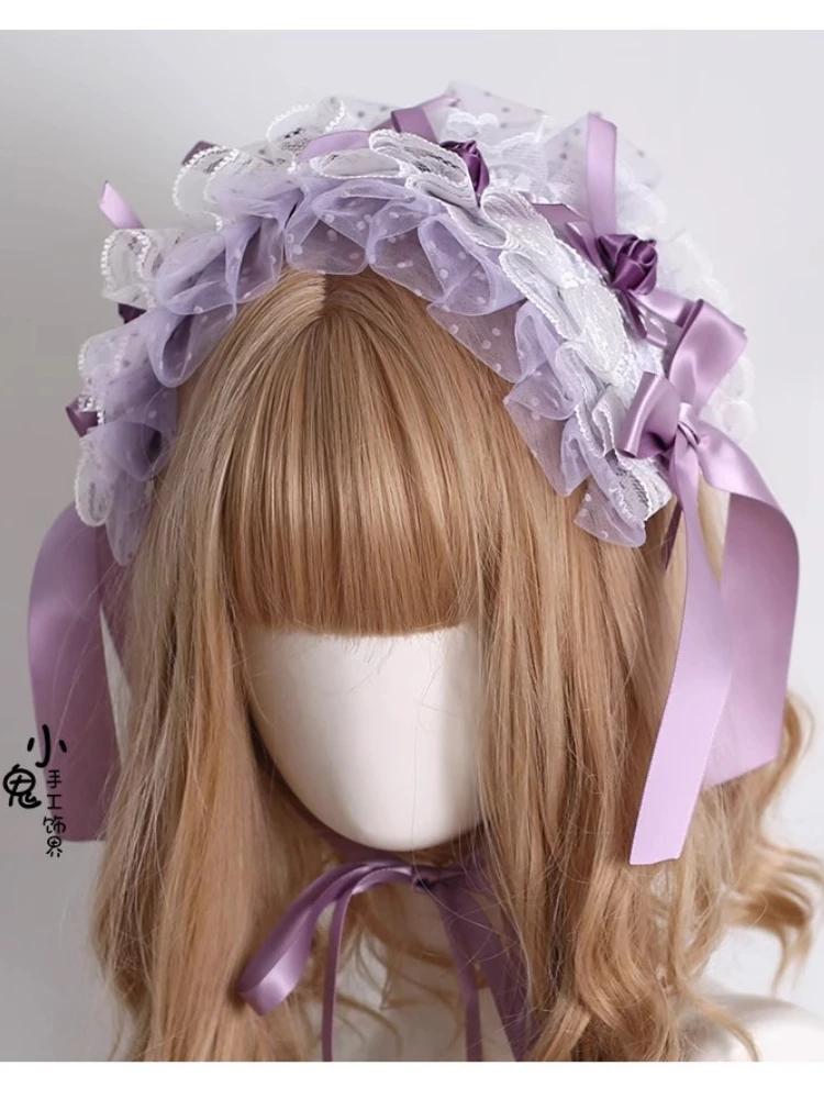 Original Sweet Elegant Princess Lolita Hair Accessories Handmade Dot Lace 3D Flower Bow Versatile Purple Headband Women Headwear