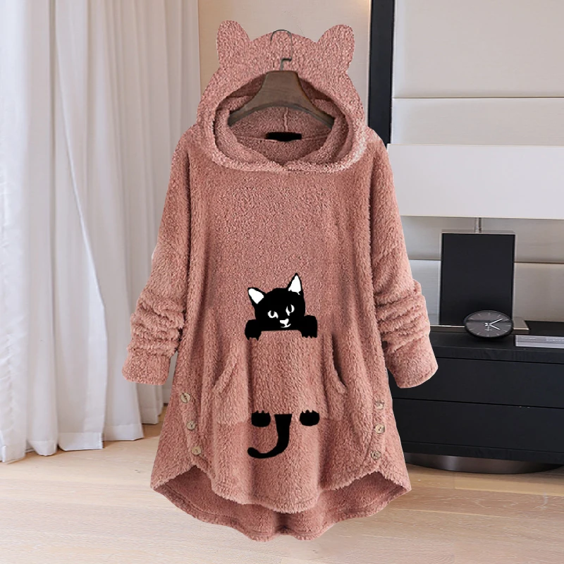 Cartoon Cat Winter Fleece Loose Hoodies Women Button Hooded Shirt Fluffy Warm Long Sleeve Pullover Homewear Casual Sweatshirt