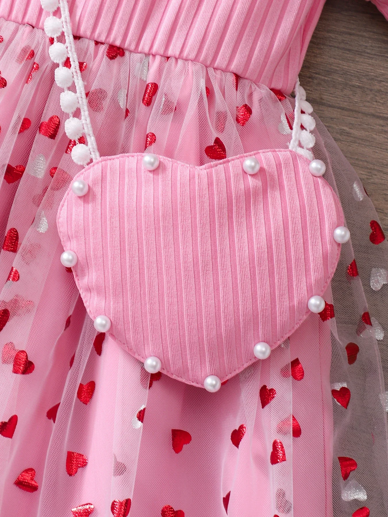 Gift bag! Round neck bubble sleeve pearl gauze dress Love gauze Valentine's Day and wedding partyFor children aged 4-7