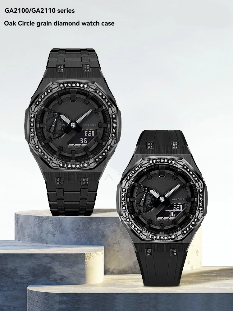 For Casio G-SHOCK Black Knight Watch GA-2100/GA-2110/GA-B2100 Modified Black Diamond Case Stainless Steel Strap Set Accessories