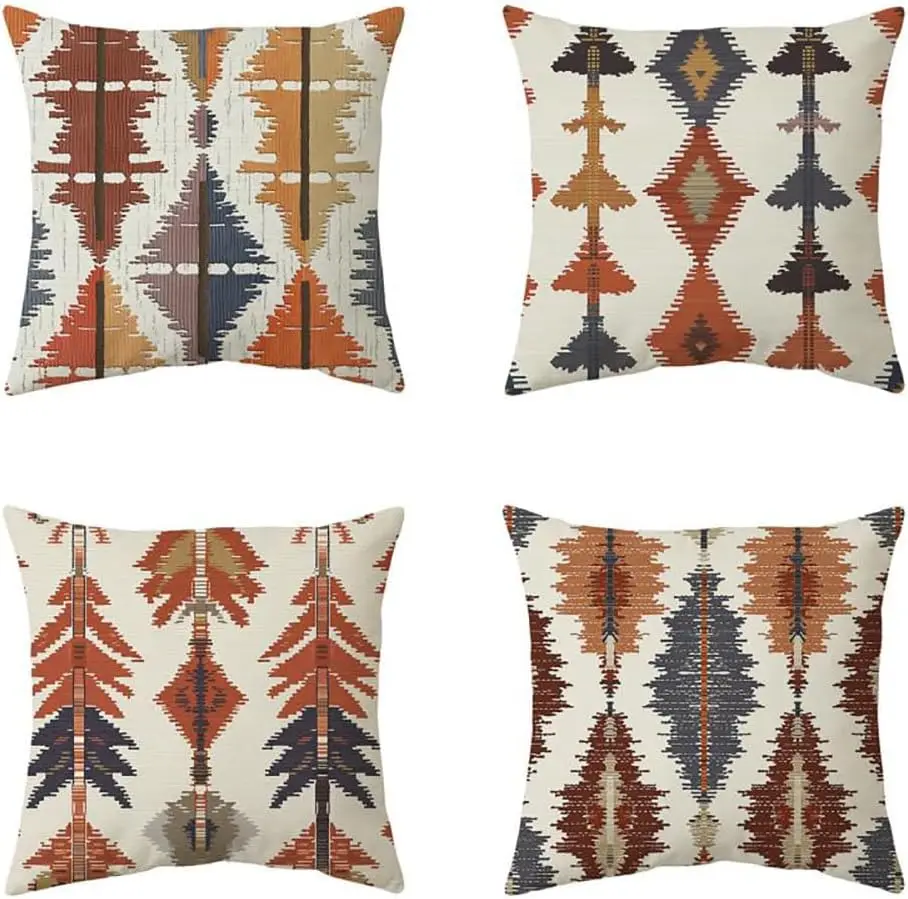 4pcs Boho Geometric Pillow Covers Polyester Cushion Cases Tribal Aztec Print Throw Pillowcase Set for Sofa Bed Living Room Decor