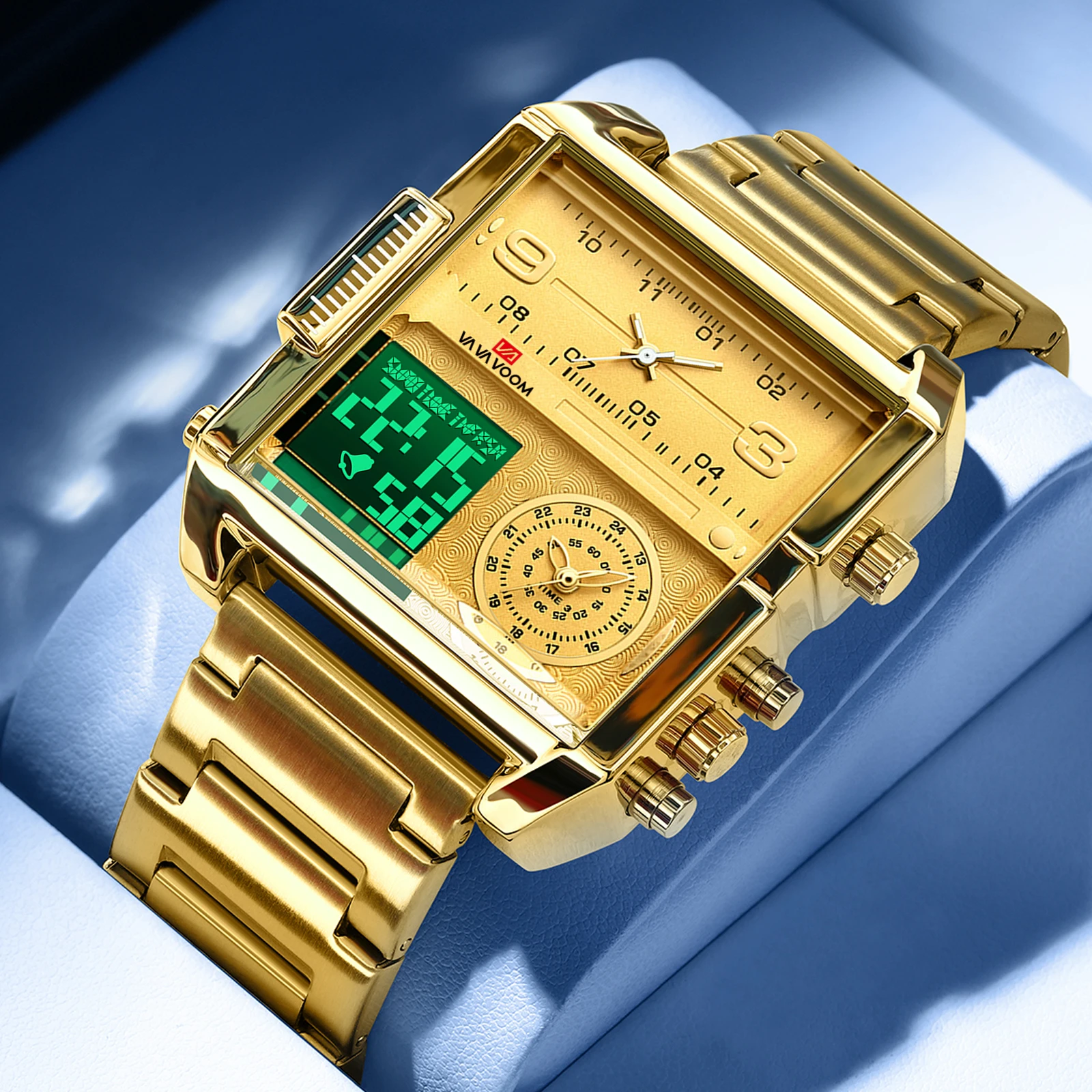 Electronic Watch Men Square 46mm LED Stainless Steel Alarm Timing Wristwatch Top Brand Luxury Gold Movement Quartz Sports Clock