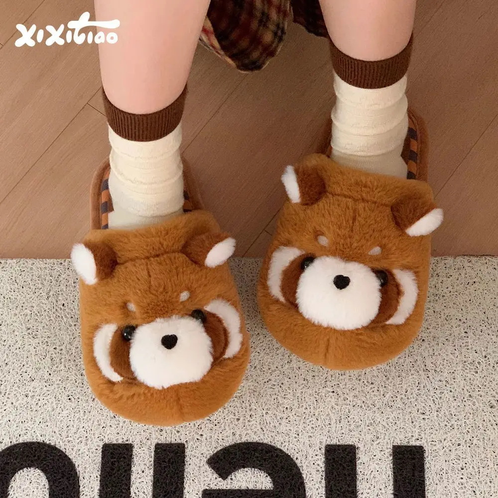 

Lovely brown raccoon slippers women men plus size animal fur slides lovers home fluffy slippers