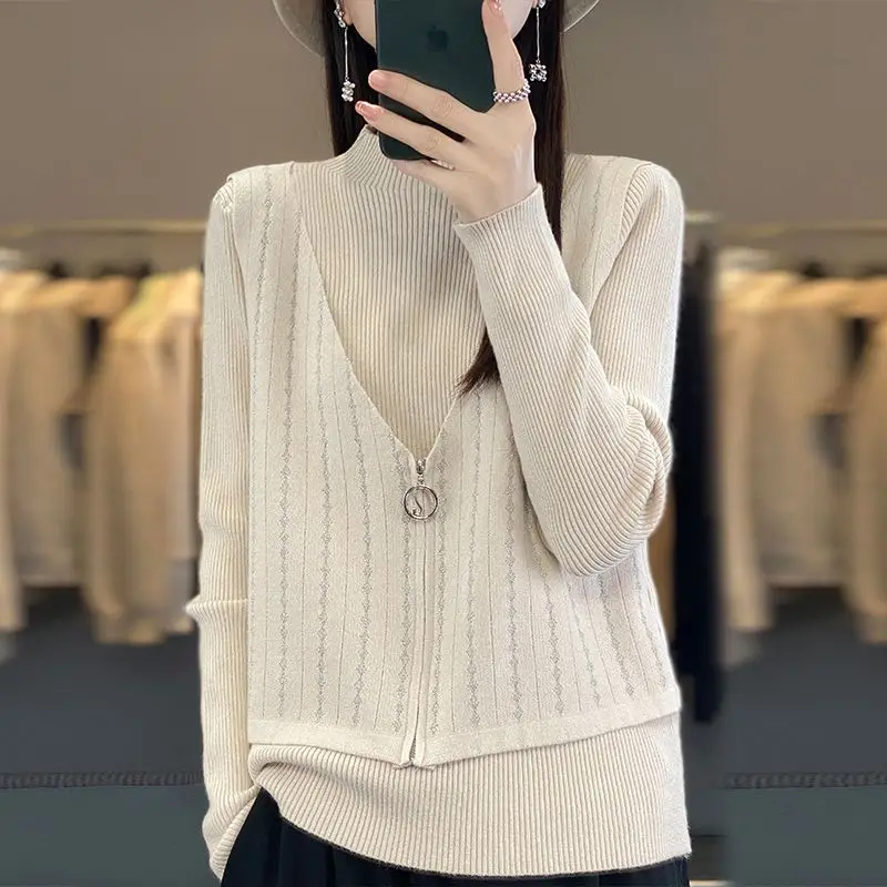 Temperament Autumn/Winter Sweaters Fake Two Pieces Women\'s Mock Neck Printing Zipper Korean Long Sleeve Pullovers Knitted Tops