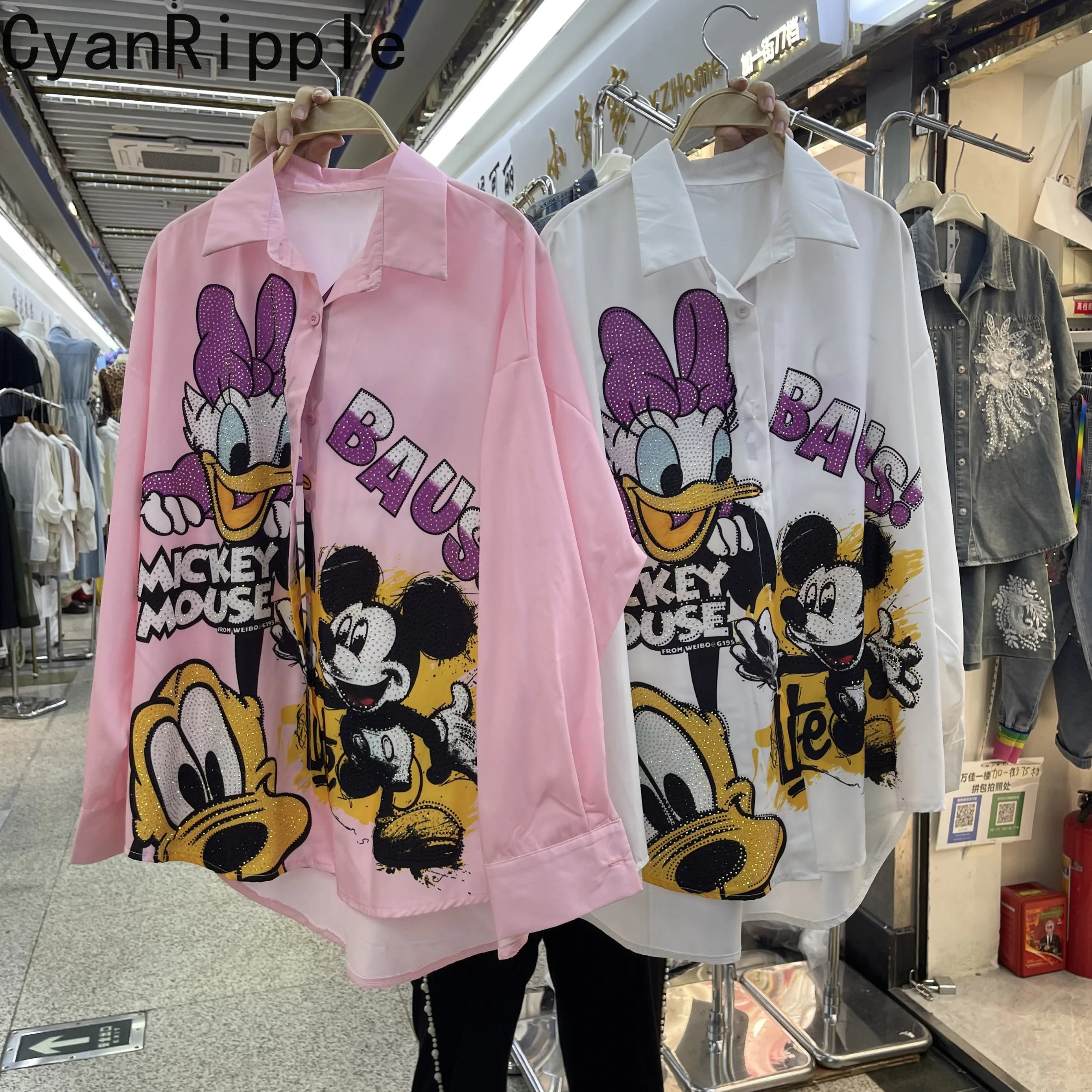 

Универсальные весенне-осенние свободные кардиганы, стильные женские рубашки с отложным воротником, длинным рукавом, с мультяшным принтом и стразами, повседневные, 2026