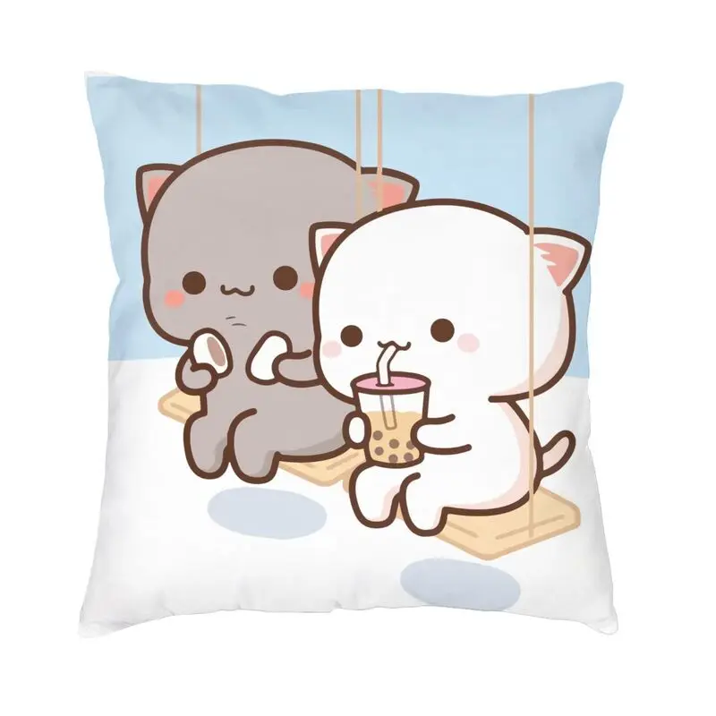Funda de cojín de té de burbujas de gato Mochi melocotón y Goma, funda de almohada cuadrada decorativa para sofá y hogar, 40x40