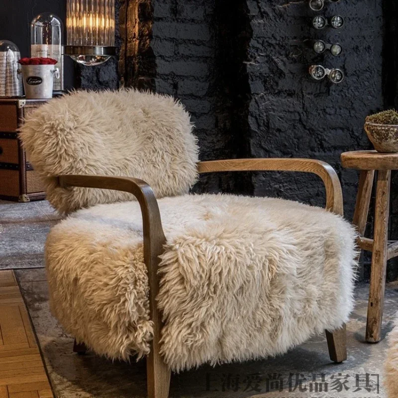 Customized Nordic solid wood imitation wool leisure chair, modern and simple small househol design, lazy individual sofa