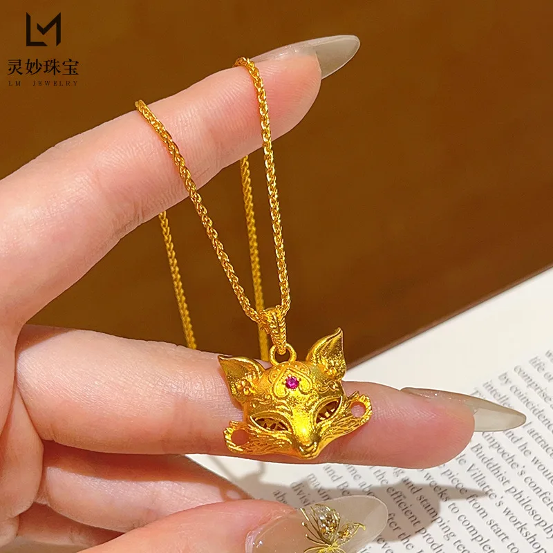 Luxury 24K 9999 Pure Gold real gold Women's Rose Red Diamond Nine Tail Magic Face Fox Pendant Necklace