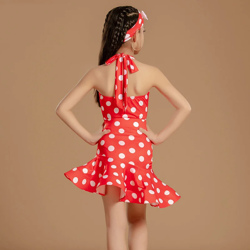 레드 폴카 도트 라틴 댄스 의상 소녀 성능 의류 여름 민소매 연습 드레스 키즈 라틴 경쟁 드레스 L15378