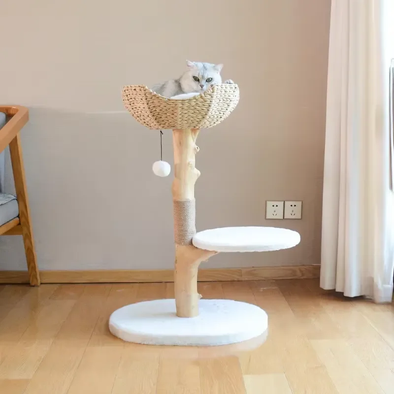 Arbre à chat en bois de qualité E0, meuble d'escalade pour animaux de compagnie en bois naturel avec poteaux à gratter pour chats d'intérieur