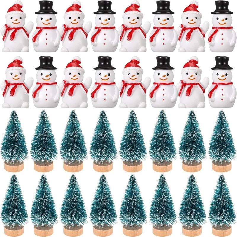 10pcs Christmas Decorative Figurines Include 6 Mini Resin Snowman 4 Mini Christmas Trees Miniature for Home Winter DIY Decor