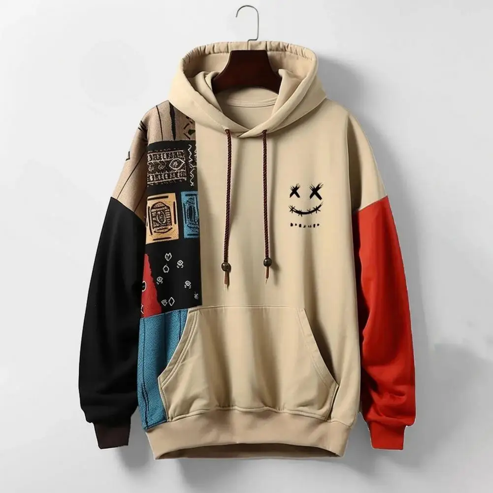 Men Hooded Sweatshirt Men's Retro Cartoon Pattern Hoodie with Big Patch Pocket Loose Fit Long Sleeve Pullover for Fall Winter