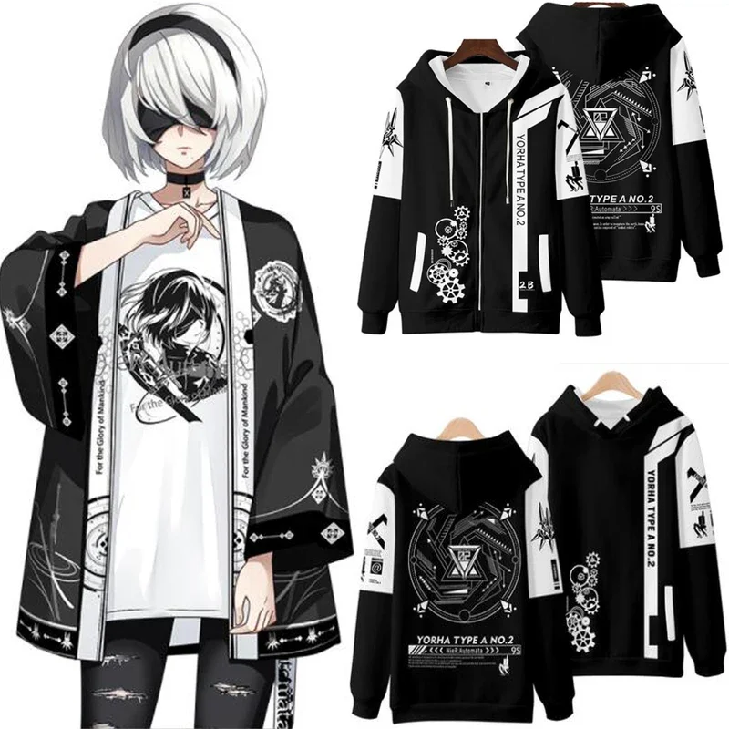 Anime NieR Automata 2B YoRHa No. 2 Type B 9S YoRHa No. 9 Type S Cosplay Costume Unisex 3D Hoodie Sweatshirt Zipper Hooded Jacket