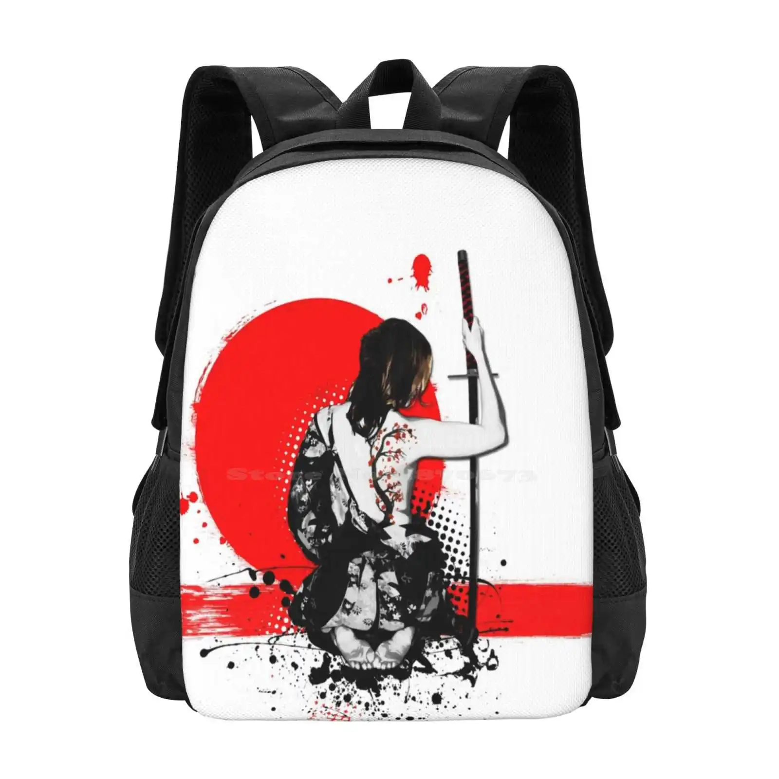 Female Samurai Pattern Design Laptop Travel School Bags Samurai Woman Female Girl Warrior Japan Spatter Sword Katana Punk Red